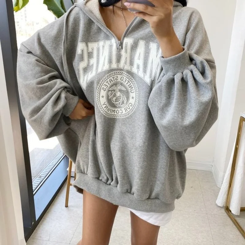 Sweat à Capuche Gris en Coton pour Femme, Streetwear, Mode Coréenne, Fermeture Éclair Complète, Décontracté