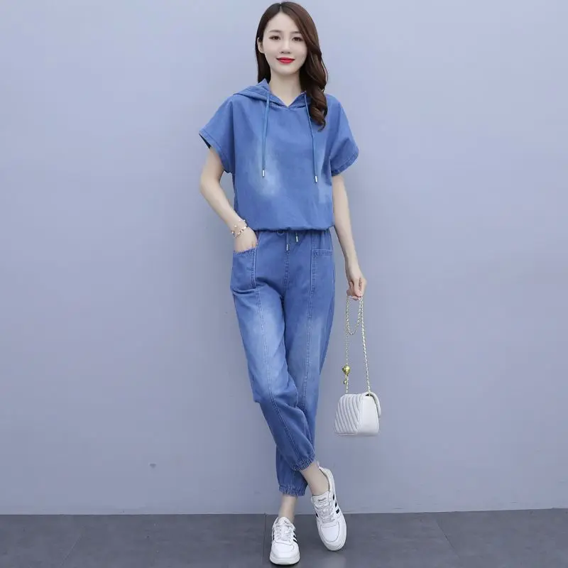 Summer Women Denim Two-Piece Suit 2024New Fashion Blast the Street Sportswear Female Casual Loose 2 Piece Set Women Outfit R2608