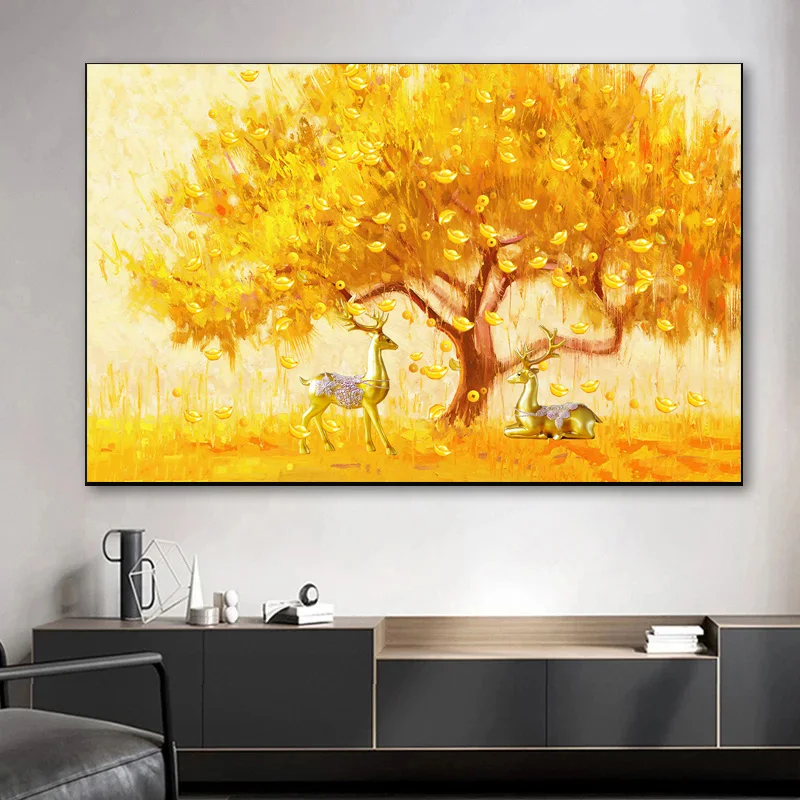 Gold Tree Money Nordic Modern Canvas Painting Posters Elk Prints Wall Art Pictures for Bedroom Living Room Home Decor No Frame