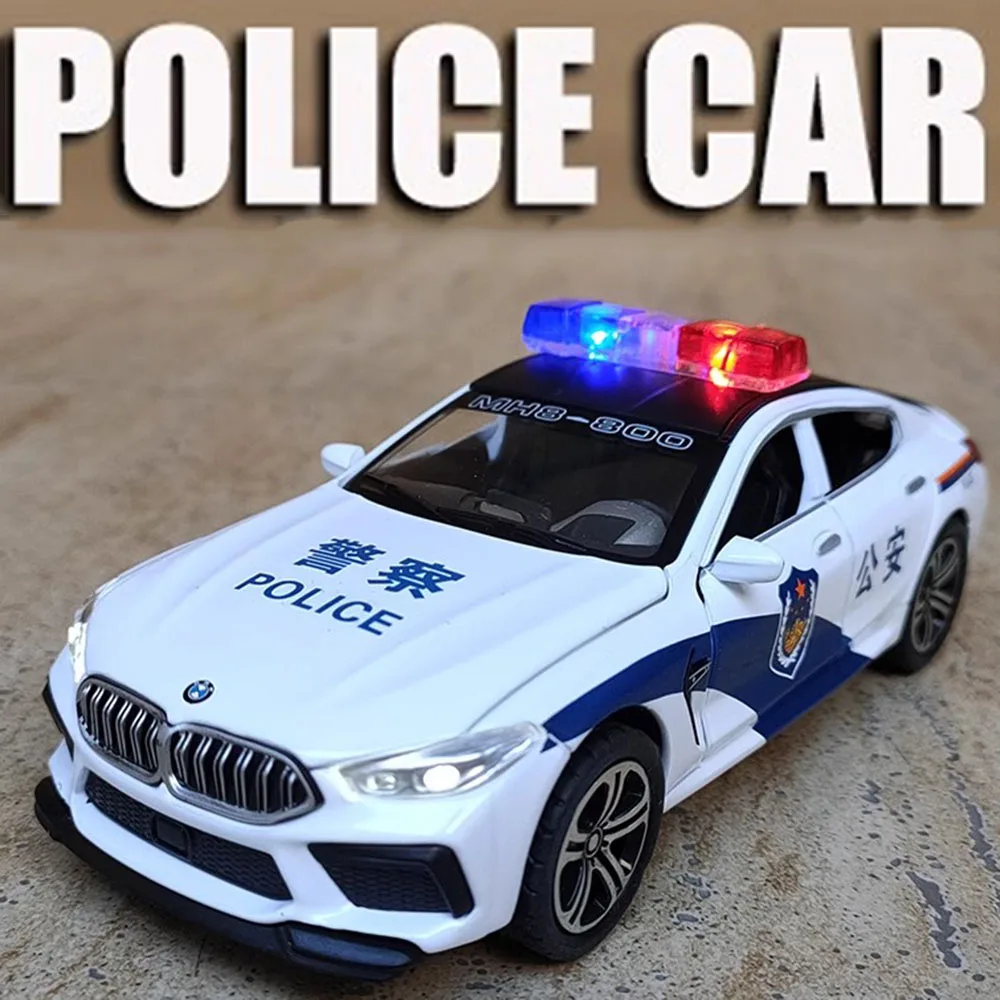 1:32 M8 M4 Polizeiauto Spielzeugmodelle Legierung Druckguss Sound Licht Türen geöffnet zurückziehen Gummireifen Ornament Fahrzeuge Geschenke für Kinder