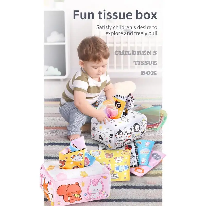 Toddler Tissue Box Toy Colorful Soft Scarf Box Crinkle Toys Early Learning Montessori Square Sensory Toy For Babies Kids