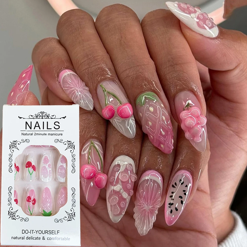24 Uds. De uñas postizas de frutas dulces de almendra media, gelatina 3D rosa, fresa, cereza, uva, prensa en uñas acrílicas, puntas de uñas postizas usables