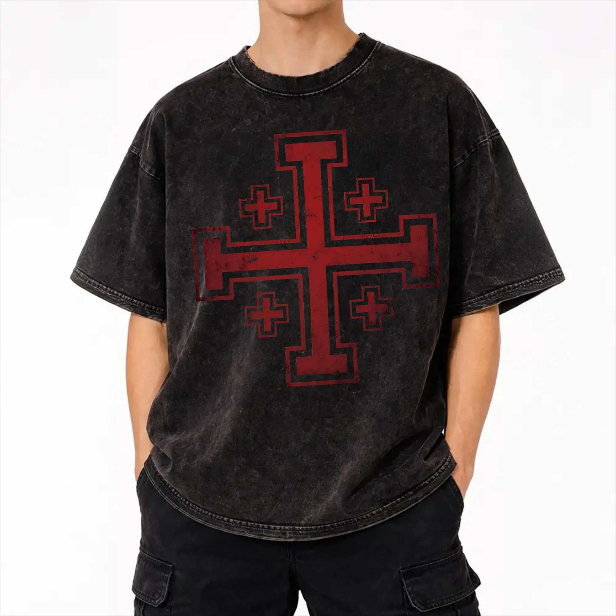 Templar Cross Knights Washed T Shirt Streetwear Hip Hop Vintage T-Shirt  Tees Tops for Men Women Short Sleeve Streetwear