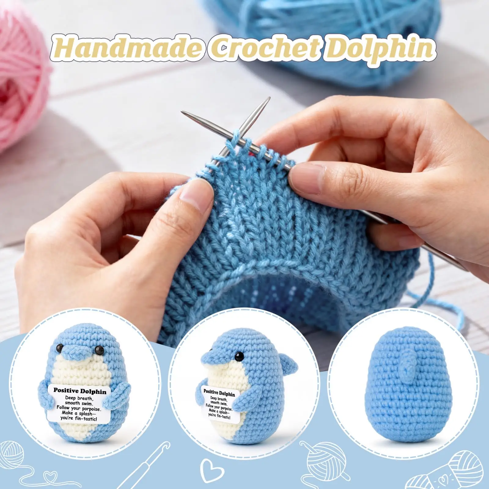 A Positive Gift for a Friend, a Hand-Crocheted Dolphin Plush Toy with an Inspirational Card, an Emotional Support Gift for a Swimming Colleague, a Cute Desktop Decoration Souvenir