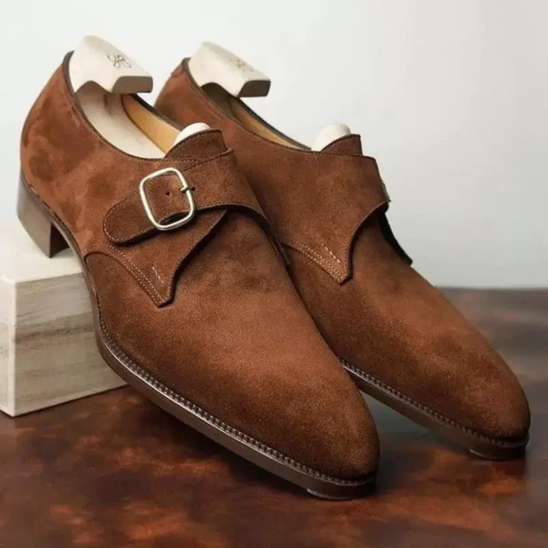 Men Suede Loafers Brown Buckle Breathable Casual Shoes Coffee Black Flock Dreess Shoes for Men Handmade Men Shoes