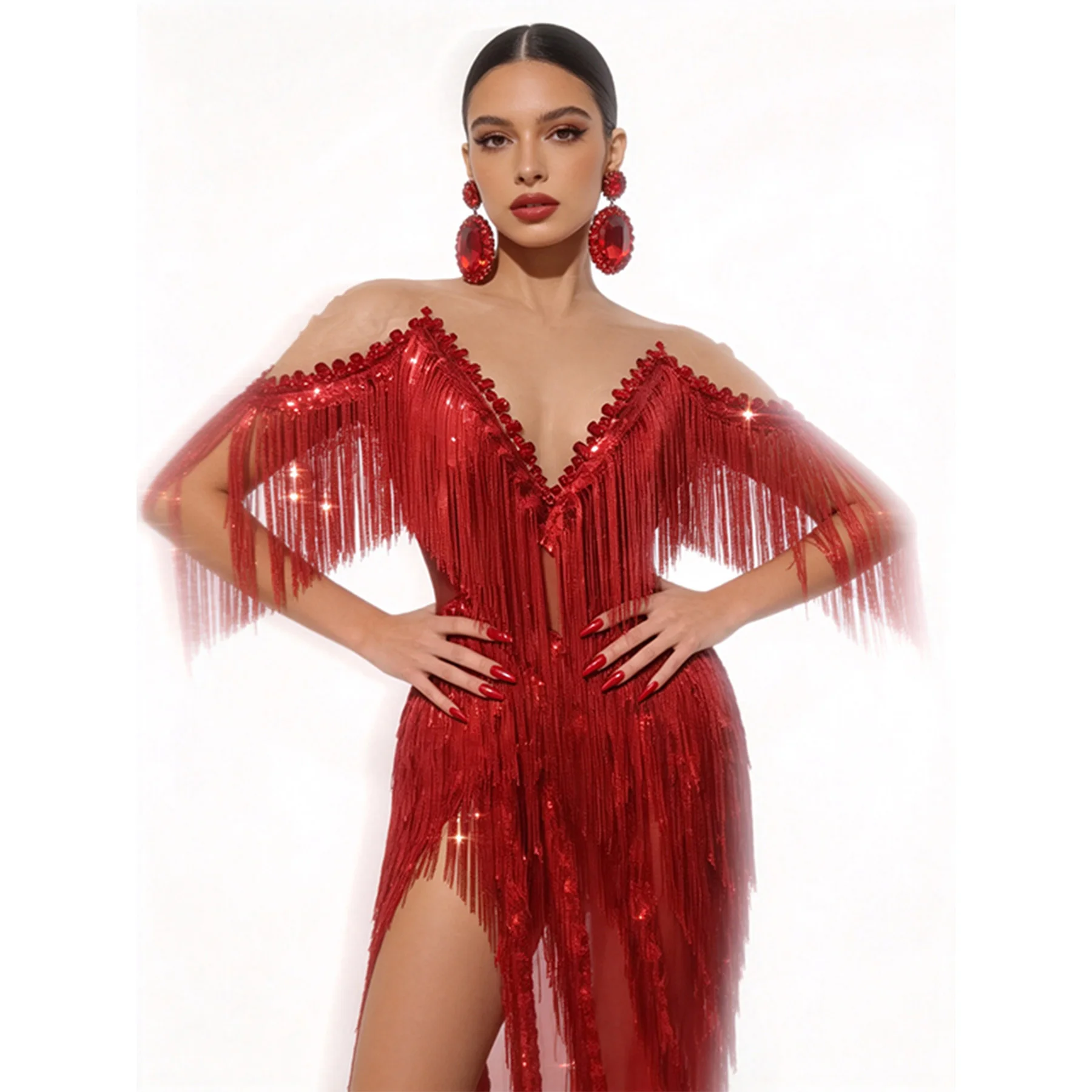 Lazhu Red Sequin Tassel Evening Gown Off Shoulder Deep V Neck High Slit Women Stage Performance Dress
