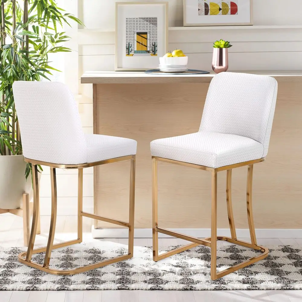 

White Counter Height Bar Stools Set of 2 for Kitchen Counter 24 Inch Modern Gold Barstools with Back Faux Leather Upholstered F