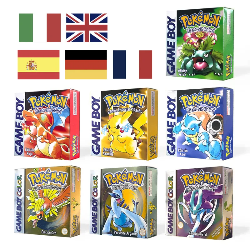 EUR ESP NOE ITA FRA Pokemon jaune cristal bleu argent vert rouge or reproduction Métallique Holographique boîte trey pour GBC