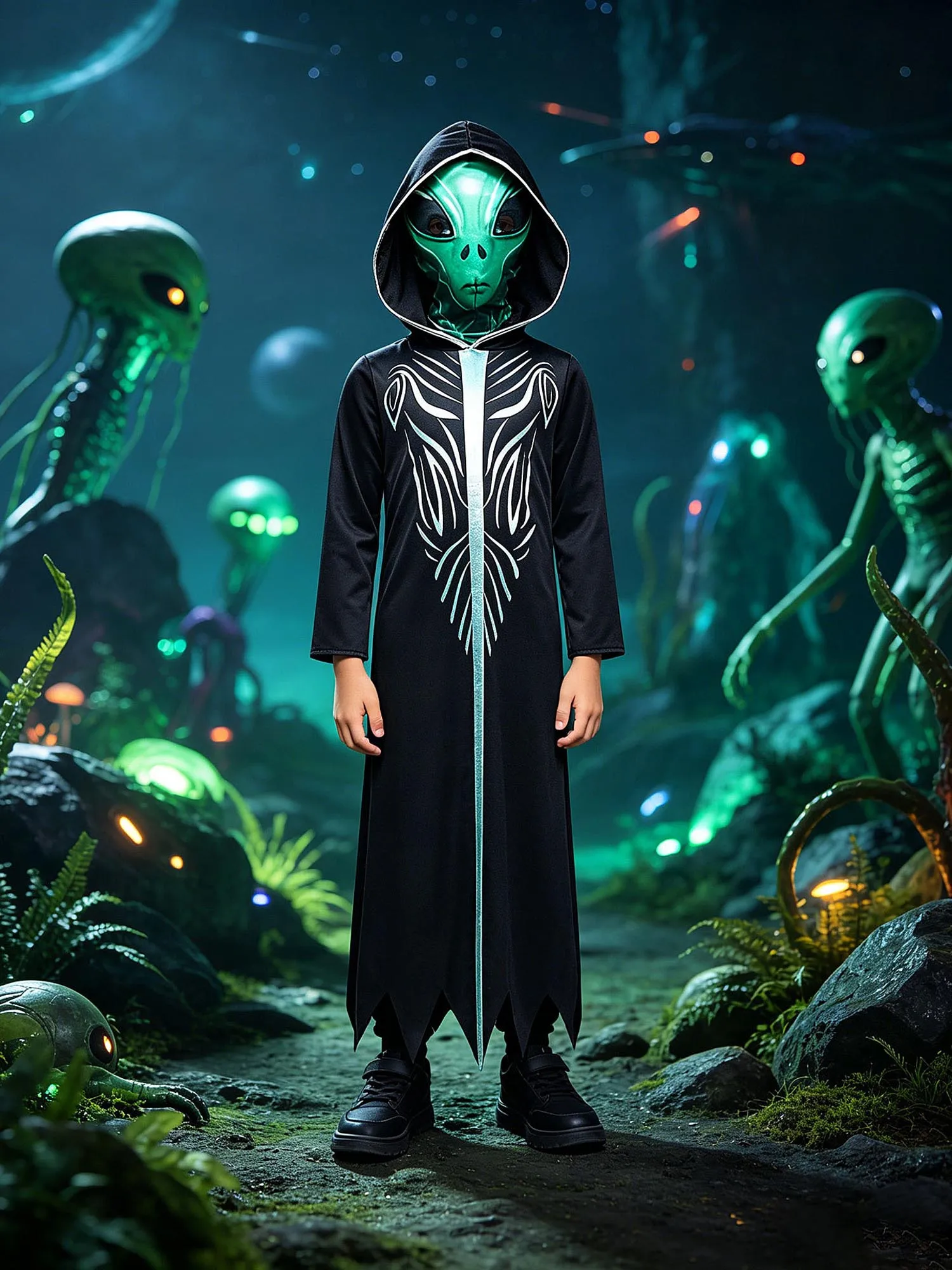 

Children Unisex Alien Halloween Robe Long Sleeve Printed Hooded Costume for Cosplay Stage Performance Dress Up Party