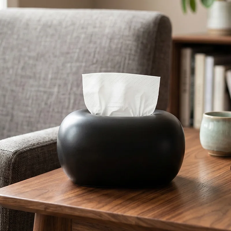 Matte Black Oval Tissue Box Cover Ceramic Napkin Holder Bathroom Living Room Decor Paper Tissue Home Desk Tissue Storage Case