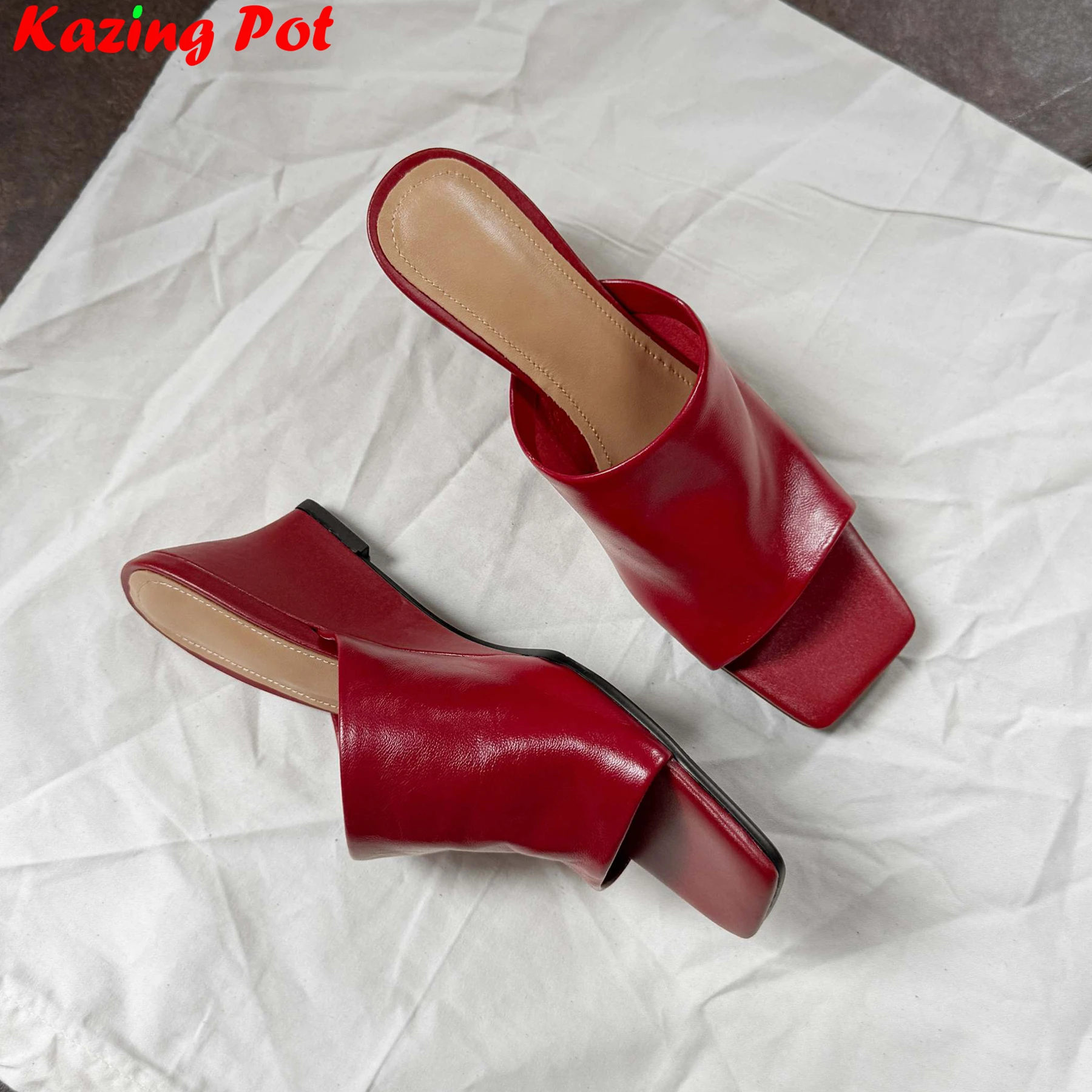 Krazing Pot Sheepskin Wedges High Heels Casual Slingback Mules Summer Slides Concise Peep Toe Luxury Sweet Red Outside Slippers