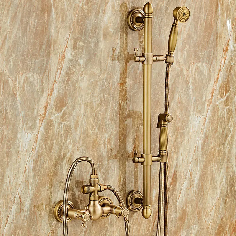 Retro Shower Faucets Brass Antique Bathroom Faucet Wall Mounted Lifting Bathroom Shower Mixer Set Portable Shower Set