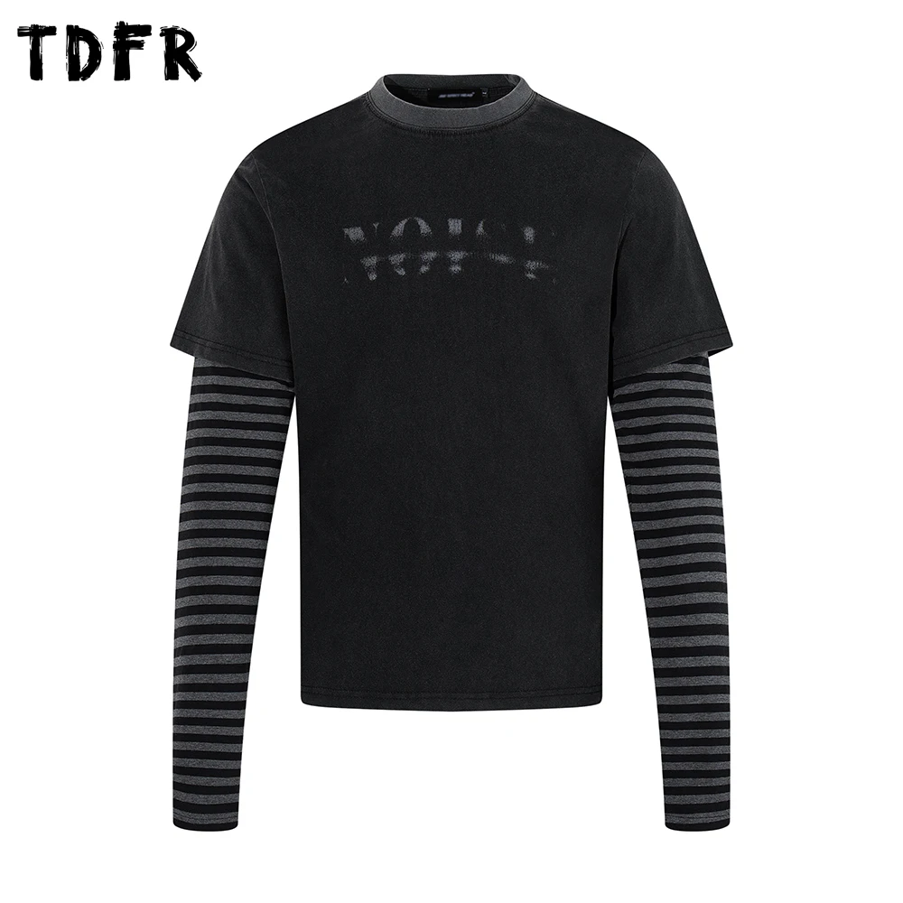 Print Spliced Fake two-piece T-shirt Mens Spring Retro Casual Washed Distressed Crew Neck Long Sleeve Cotton Tee Man