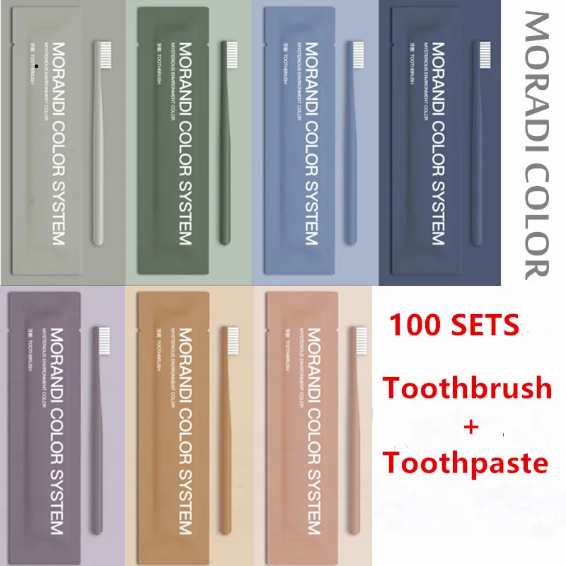 

100 комплектов Morandi Colors, набор одноразовых зубных щеток, зубные щетки для взрослых с зубной пастой, портативная дорожная отельная щетка для чистки зубов