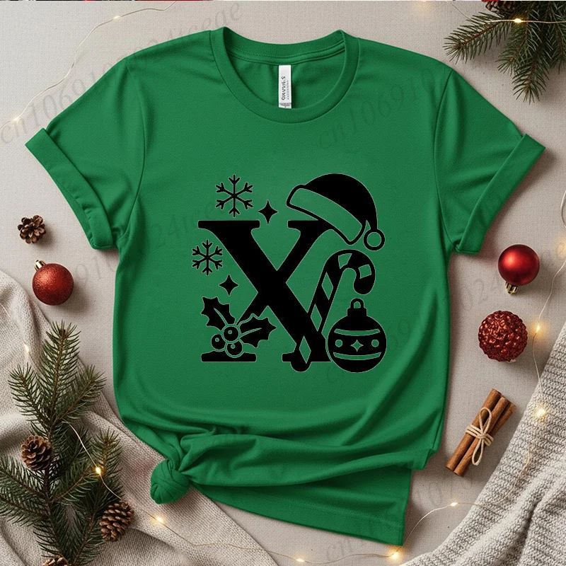 

Fashion Christmas Alphabet T-shirt Women's Clothing Short Sleeves Women Tops Christmas Monogram T Shirts Xmas Party Clothes