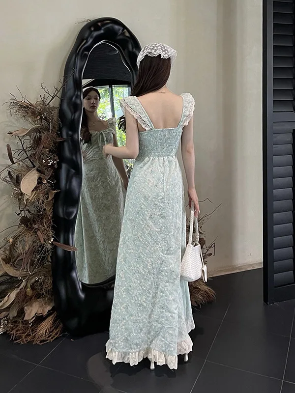 French Retro Lace Ruffle Floral Square Neck Tie-waist Green A-line Dress For Women Slim-fit Mori Girl Prairie Chic Spliced Skirt