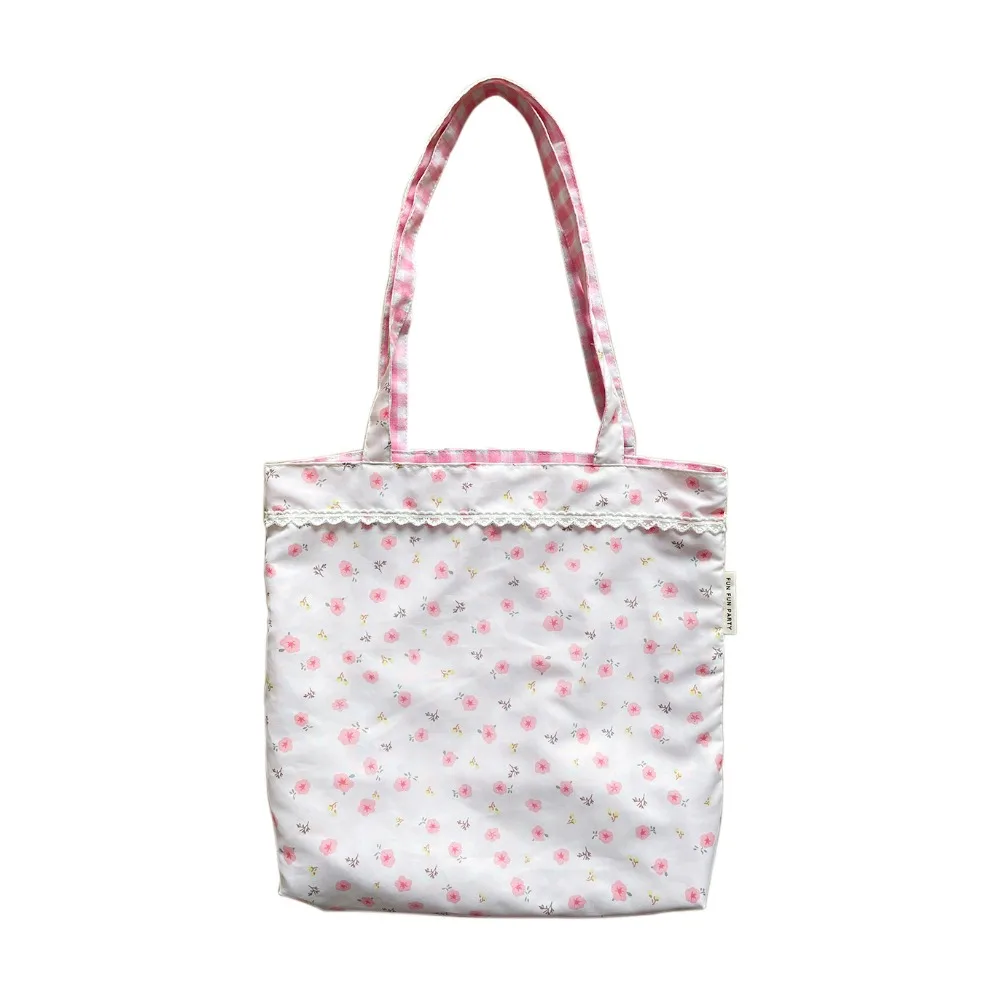 Pink Floral Canvas Shoulder Bag Handbag Korean Travel Beach Bag Double-sided Shopping Totes Bag Girl Lace Underarm Bag