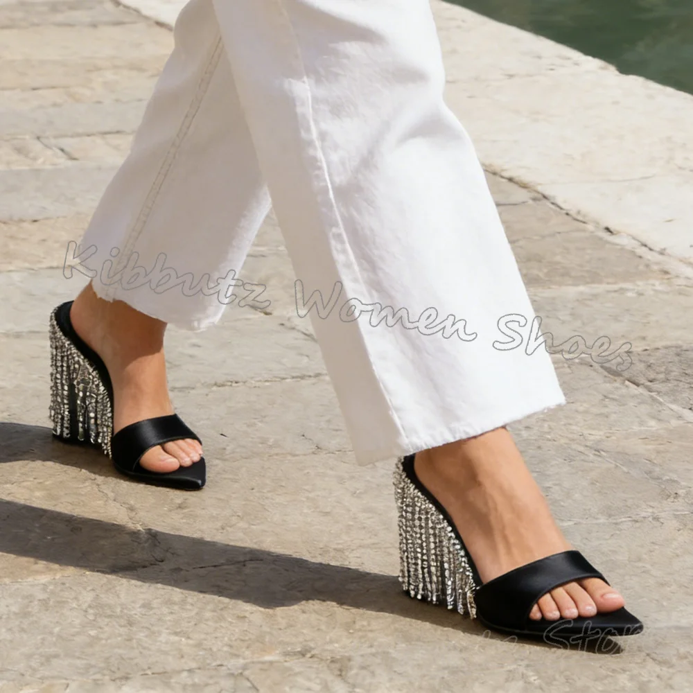 

Bling Slipper Sandals Glossy Satin Women Shoes Pointy Thin Heels Slip-On Leather Pointy Thin Heels Solid Color Fashion Elegant