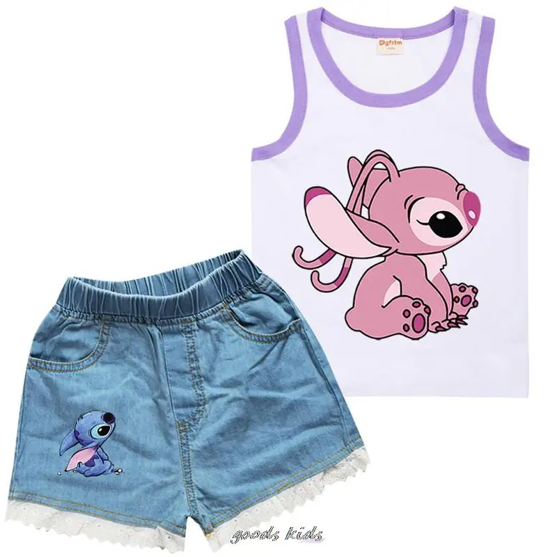 Hot Cotton Toddler Girls Clothes Lilo And Stitch Top abbigliamento estivo per bambini maglietta senza maniche + pantaloncini di Jeans 2 pezzi tuta