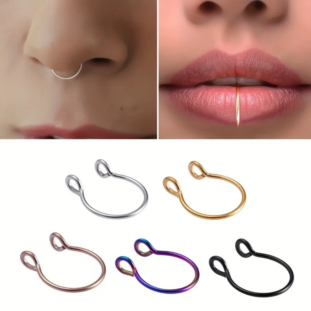 1pc U Shaped Fake Nose Septum Ring No Piercing Lip Rings Clip Hoop Earring Stainless Steel Horseshoe Circular Body Jewelry Y2K