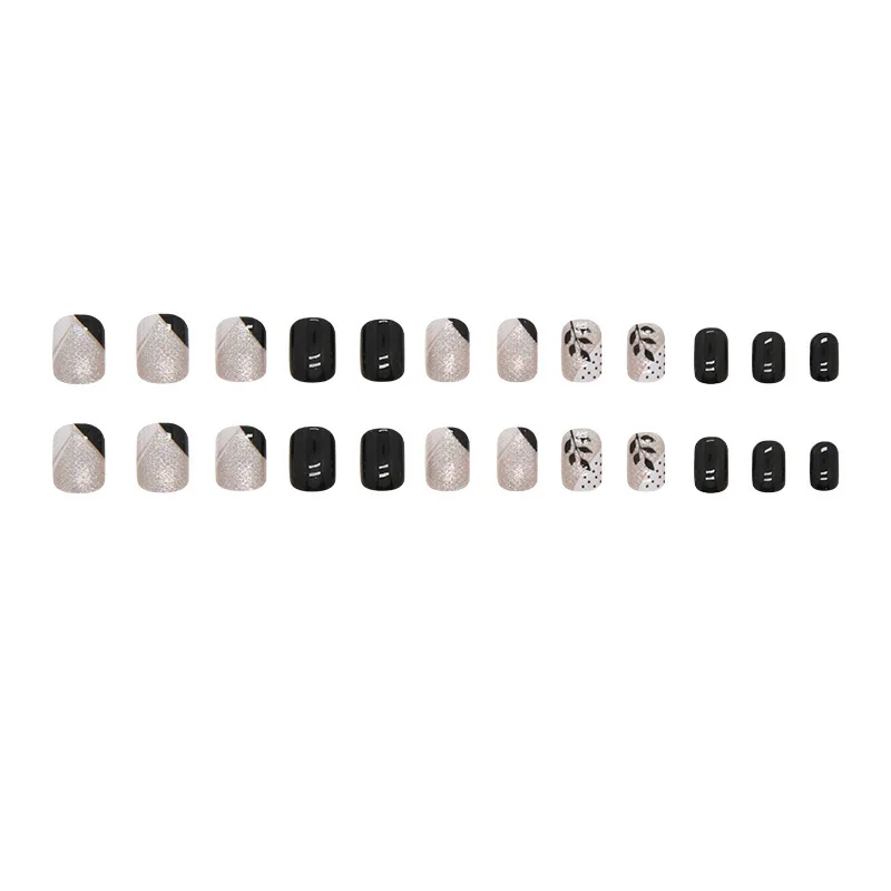 24pcs/box,French Press on Nails with Free Glue,wearable Nails Square Short Black Leaf Glitter Nail Art Piece Simple False Nail