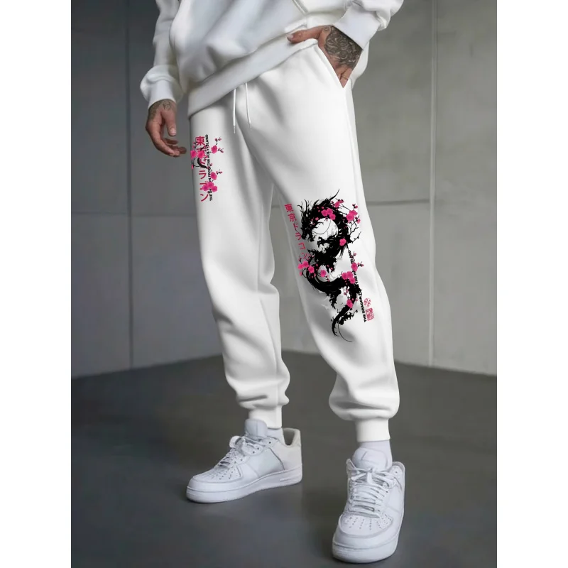 Japanese-Style Dragon And Cherry Blossom Print Autumn And Winter Men'S Fleece-Lined Casual Pants