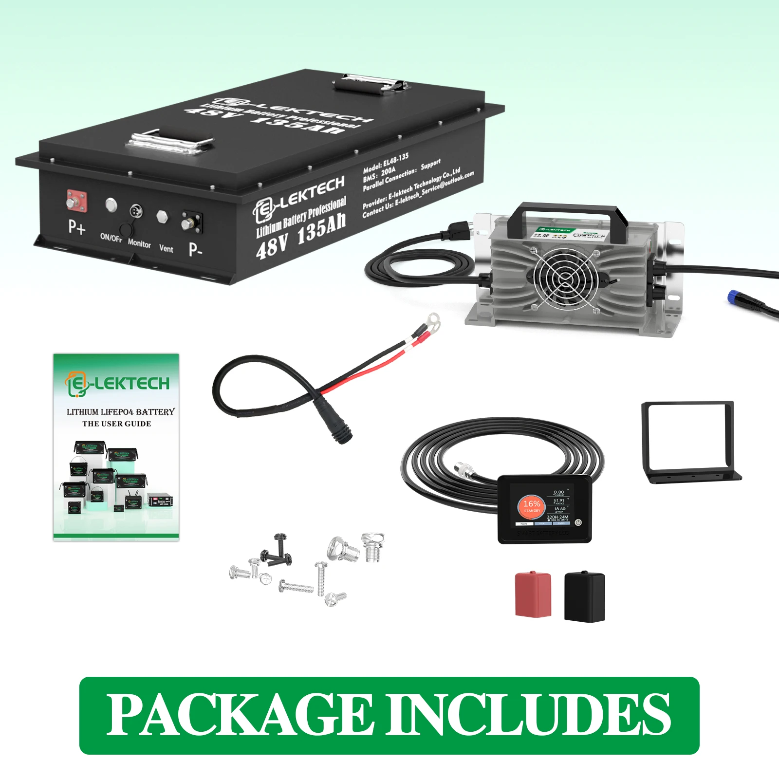 E-LEKTECH 48V 135Ah Bluetooth LiFePO4 Battery Complete Kit With Charger & LCD Monitor Built-in 200A BMS For Golf Cart RV Off-Grid Solar Storage