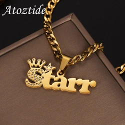 Atoztide-Collar personalizado de acero inoxidable para mujer, colgante de cadena cubana gruesa, corona de circonita, estrella, nombre personalizado, regalo de joyería