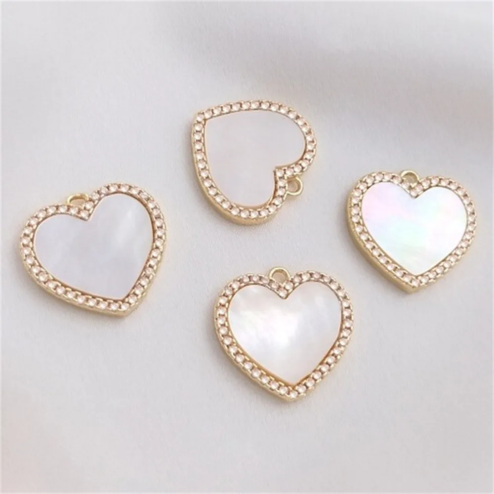 Set with Natural Mother-of-pearl Micro-inlaid Zircon 14K Gold Peach Heart Pendant DIY Bracelet Necklace Jewelry Love Pendant