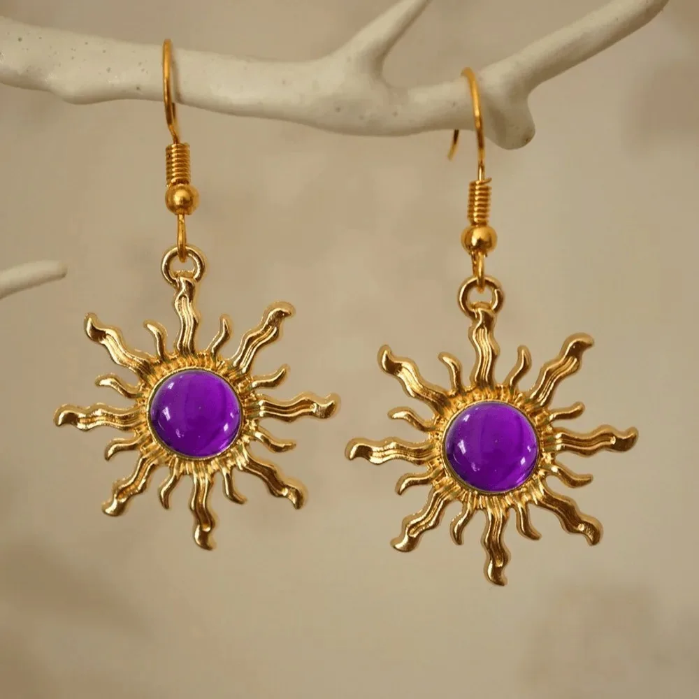 Bohemia Luxury Gold Color Sunlight Purple Glass Crystal Sunflower Dangle Earrings for Women Party Designer Earrings Jewelry Gift