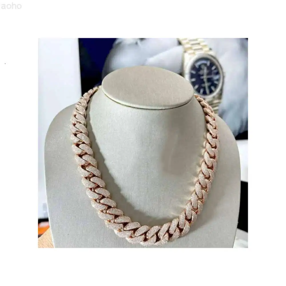 22mm Miami Cuban Link Chain Vvs Moissanite Diamond Stubbed 925 Sterling Silver Rose Gold Plated 18-24