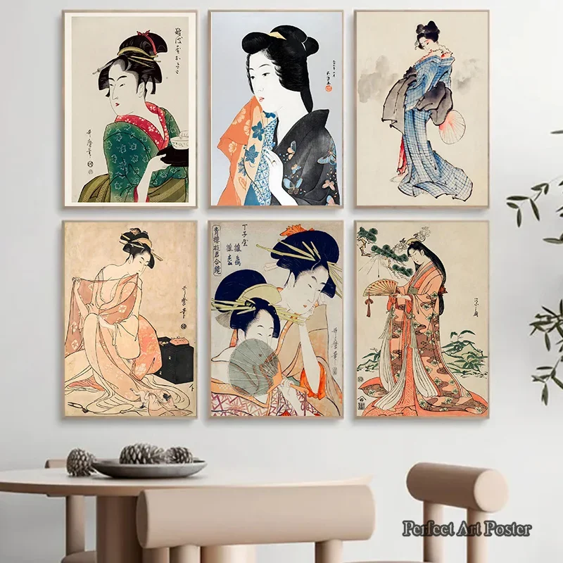 Póster de Geisha Vintage japonés para mujer, arte tradicional, cultura, imágenes de estilo Ukiyo-e, lienzo impreso, pintura, decoración de la habitación del hogar