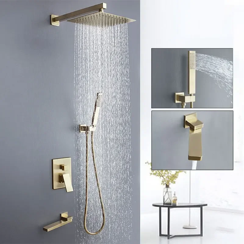 

Concealed Brushed Gold Shower Set Bathroom Hidden 3 Way Faucet Shower System Set Wall Mounted Bathtub Rain Shower Mixer Tap Set