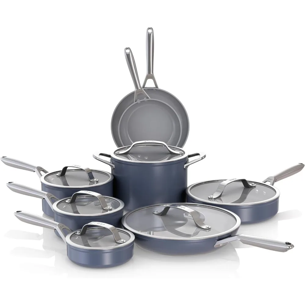 

NeverStick Ceramic Pro 14-Piece Cookware Set, Non-Stick Pots & Pans Set with Glass Lids, Ceramic Coated, Stainless Steel,