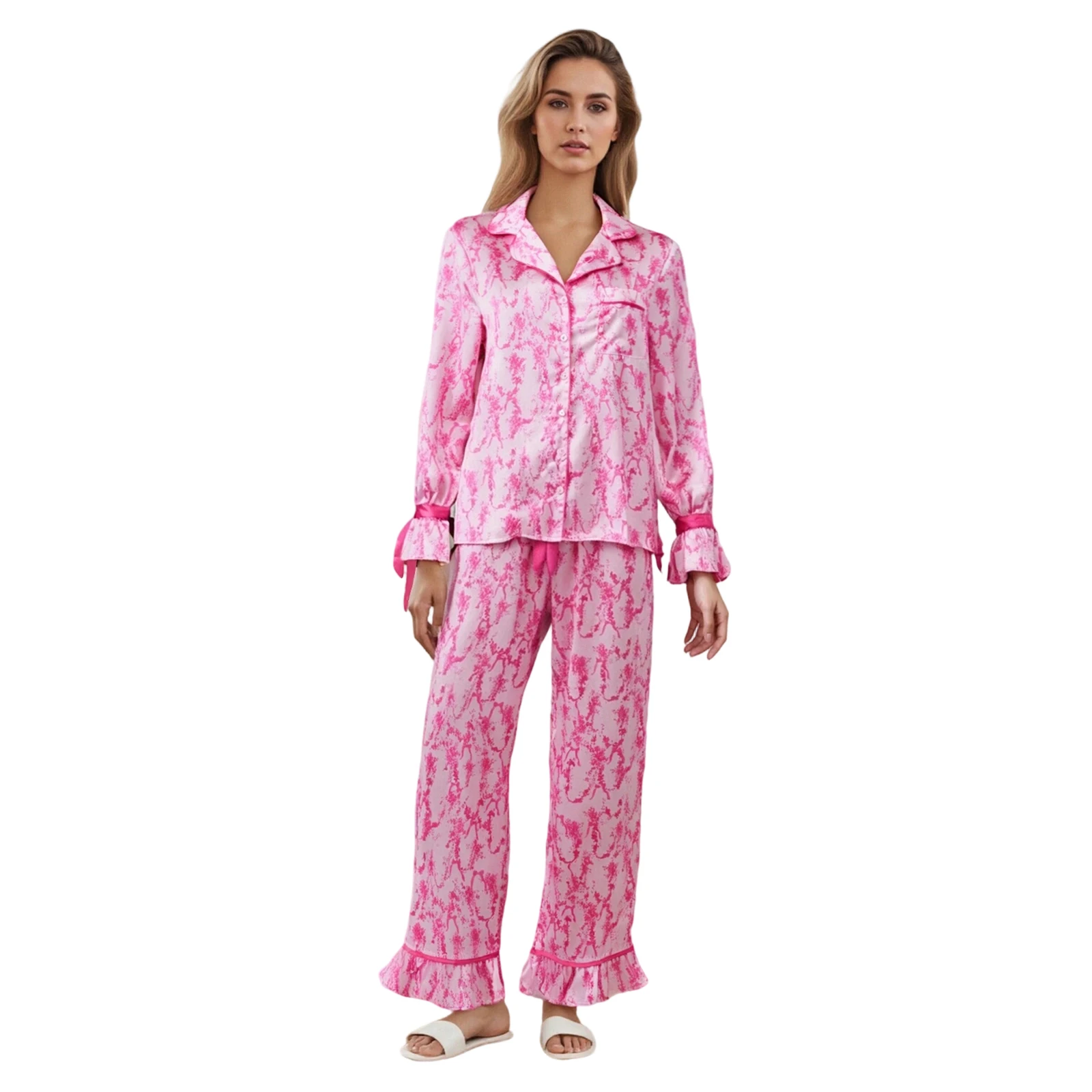 

2Pcs Pajamas Sets for Women Flare Long Sleeve Lapel V Neck Bow Ribbon Decor Tops and Elastic Waist Pants Sleepwear