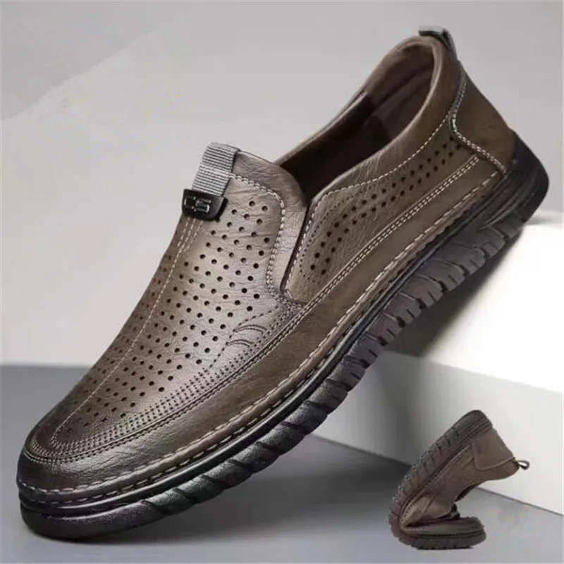 Zapatos de cuero genuino para hombre, mocasines planos informales de negocios, sin cordones, transpirables, clásicos, 2023