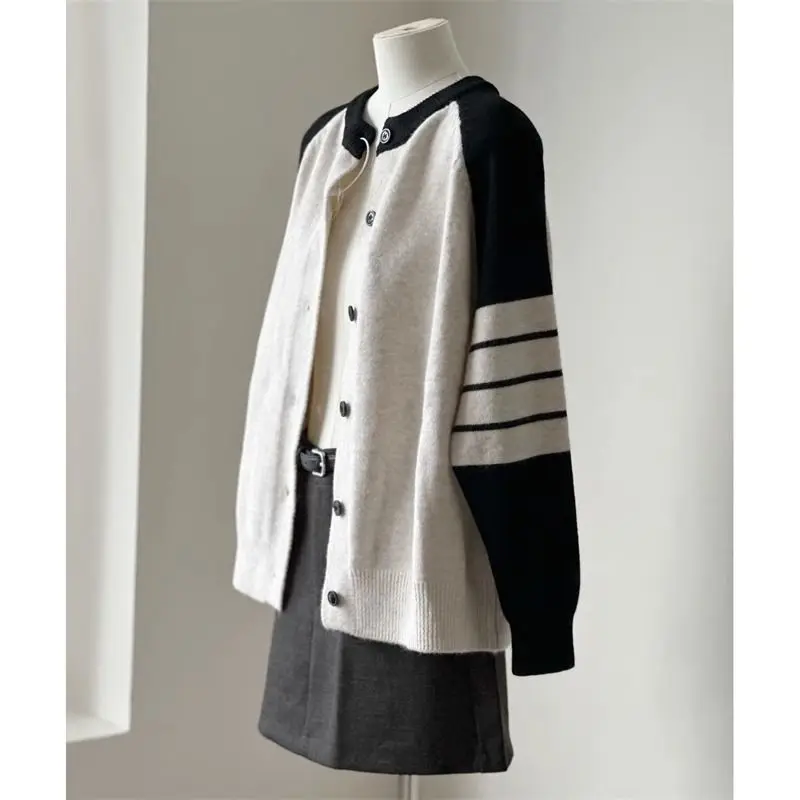 Women's Autumn and Winter Raglan Sleeve Color Blocked Knitted Cardigan Design Sense Striped Long Sleeved Soft and Loose Top