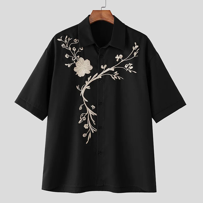INCERUN Men Shirt Floral Embroidered Lapel Half Sleeve Loose Men Clothing Streetwear Korean Style Fashion Casual Male Tops 2026
