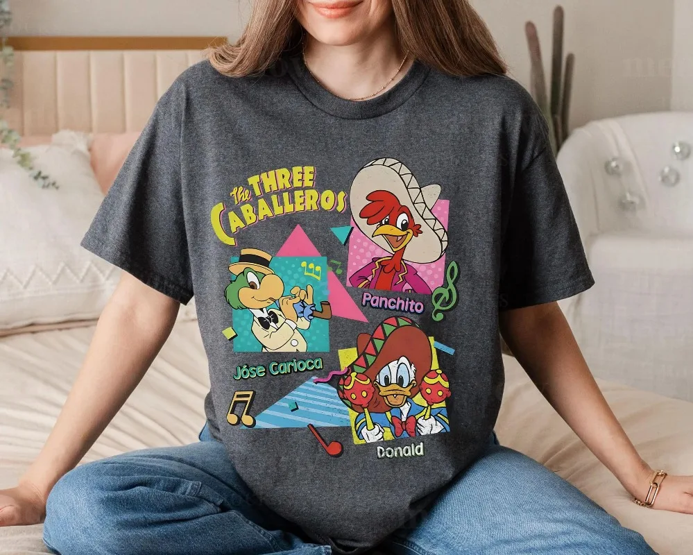 90S ديزني ثلاثة كاباليروس قميص كلاسيكي Onald Duck خوسيه كاريوكا بانشيتو مسدسات التي شيرت ديزني لاند رحلة عائلية عطلة #2