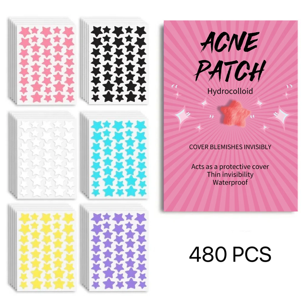 480Pcs Star Shaped Acne Patches Hydrocolloid Invisible Pimple Patch Waterproof Colorful Spot Cover Zits Blemish Treatment Sticke