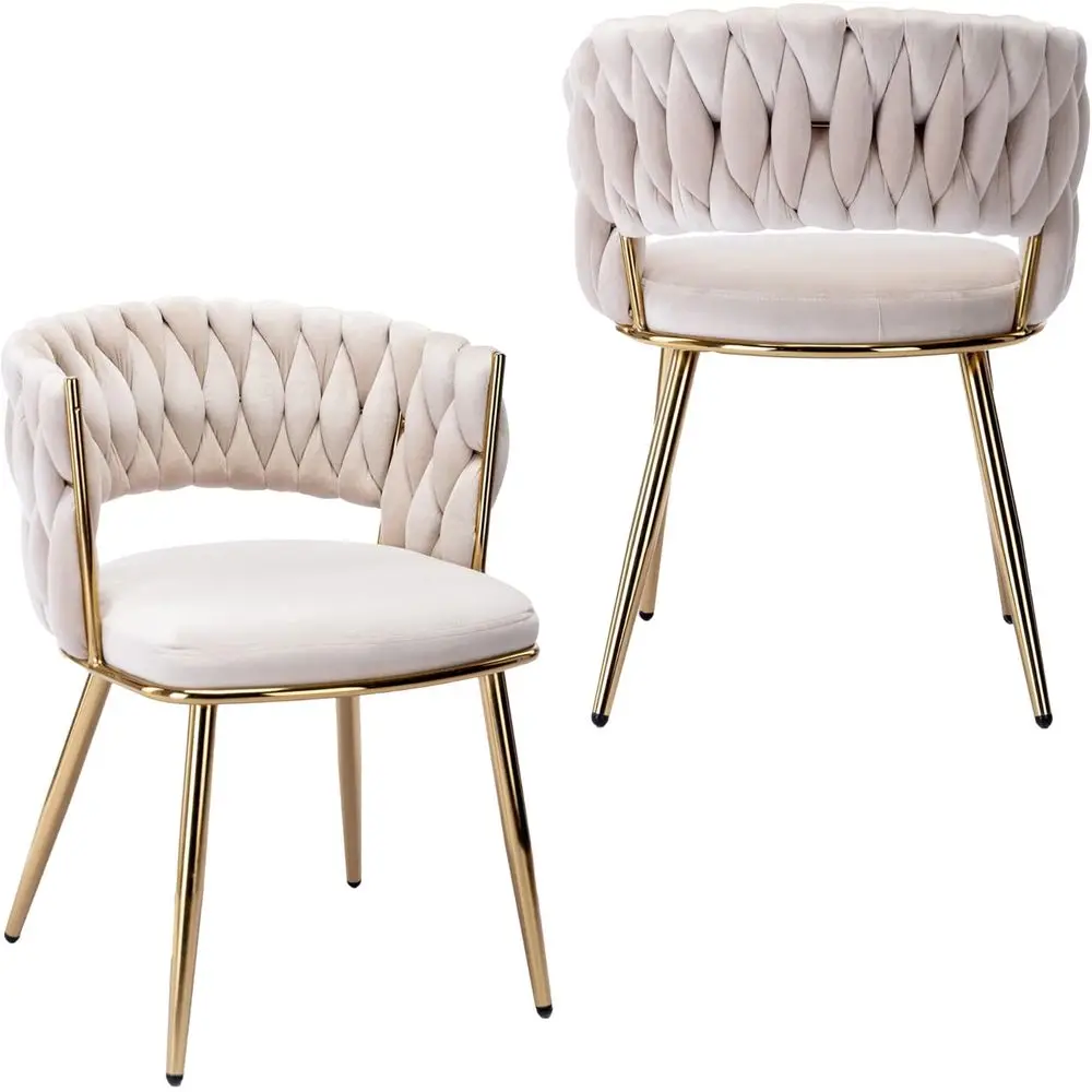 

Velvet Dining Chairs Set of 2, Upholstered Living Room Chair with Woven Back and Golden Metal Legs, Mid-Century Accent Side Chai