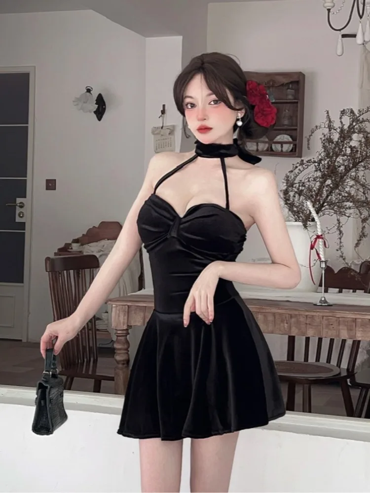 

Сексуальный V-образный вырез с глубоким вырезом Pure Desire, эластичный золотой бархатный базовый слой с завязкой на талии, женская юбка трапециевидной формы Dr