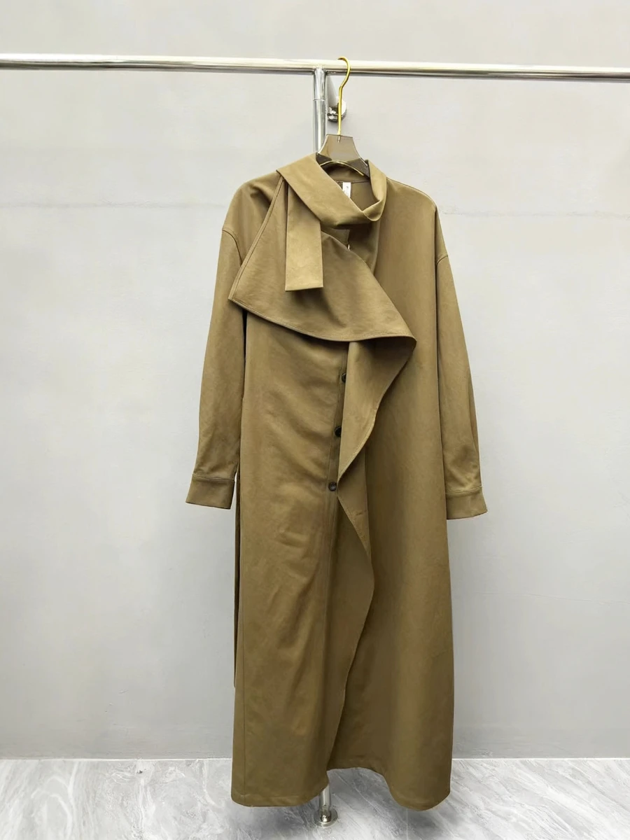 GALCAUR Solid Spliced Ruffles Korean Trench Female Lapel Long Sleeve Loose High End Women's Trenchs Autumn Fashion Clothing New