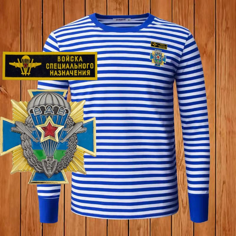 Russian Airborne Troops Badge VDV Paratrooper Stripes T-Shirt Polyester Cotton Long Sleeve Sailor Striped Shirt Telnyashka Tops