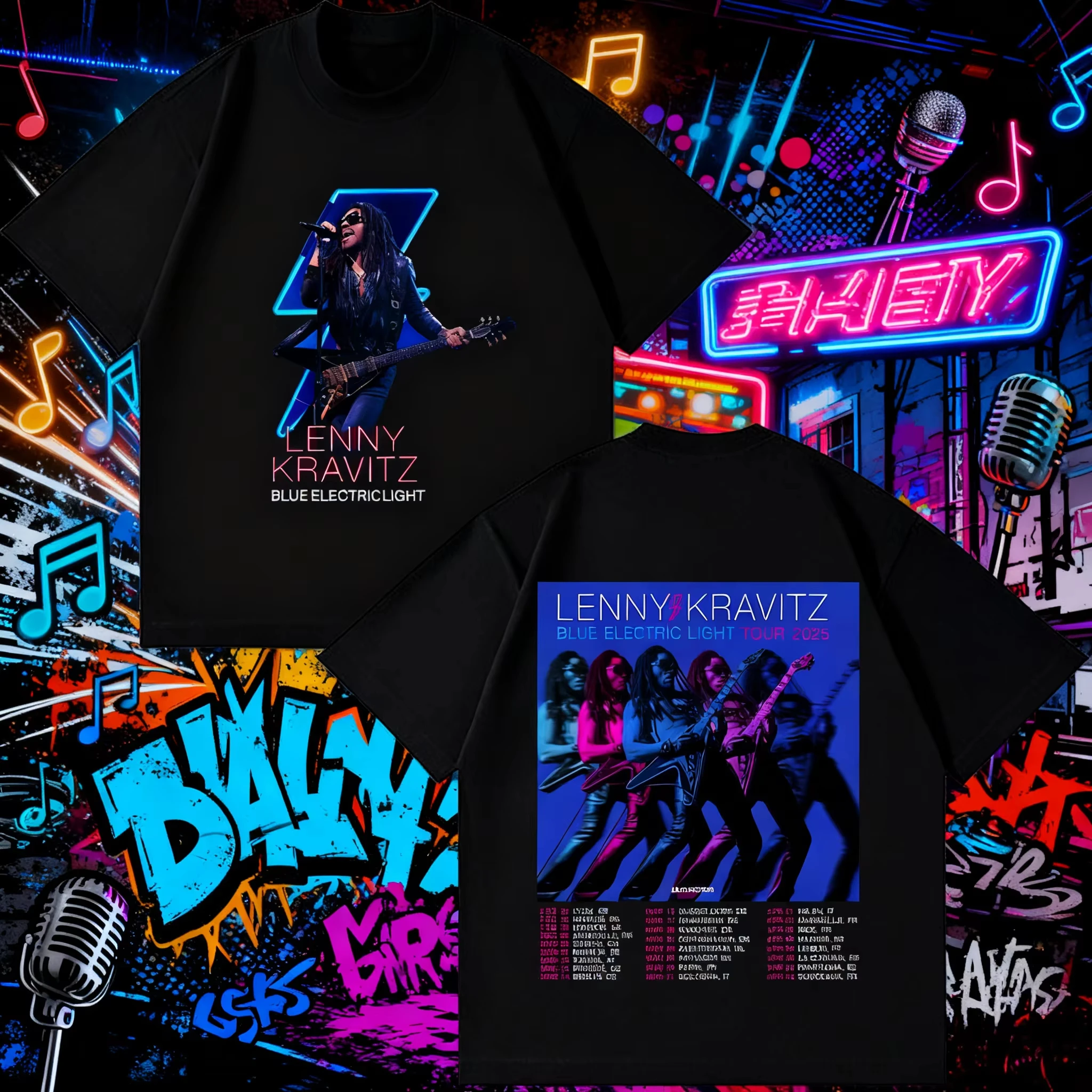 Lenny Kravitz Blue Electric Light Tour Graphic Print T-shirt Men Women O-neck Cotton Loose Casual Oversized Top Summer New Tee