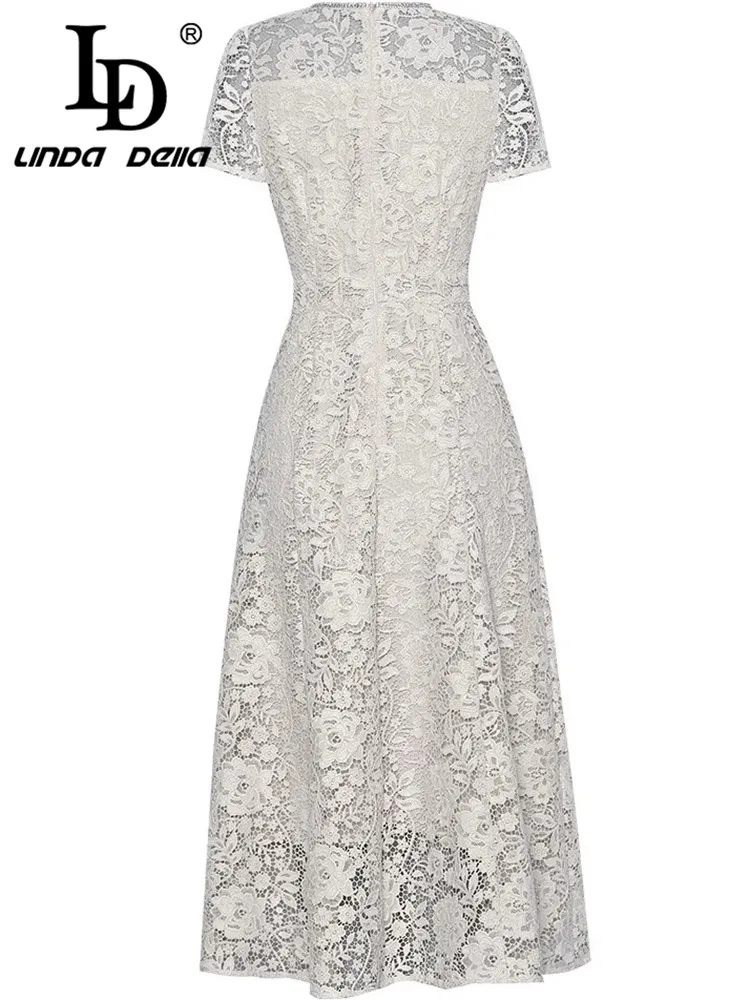 LD LINDA DELLA Summer Women's Vintage Dress Lace Crystal Beading Hollow Out High Waiste Fashion Short Sleeve Dresses