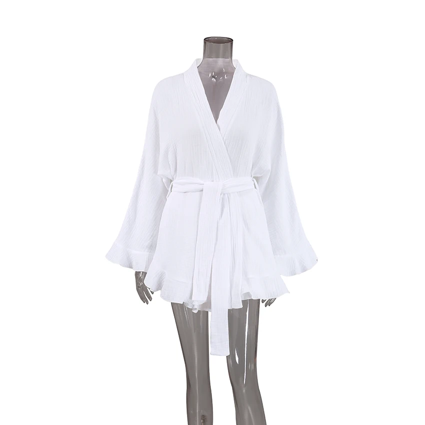 Hiloc 100% Cotton 2026 Spring New Women's 2 Piece Robe And Shorts Set White Ruffled Trim Belted Kimono Wide Leg Pants Loungewear