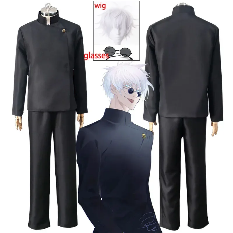 Costume de Cosplay Anime Jujutsu Kaimmense Gojo Satoru, Uniforme de Lycée avec Lunettes, Perruque Trempée, pour Halloween, pour Homme Adulte, RZ3522