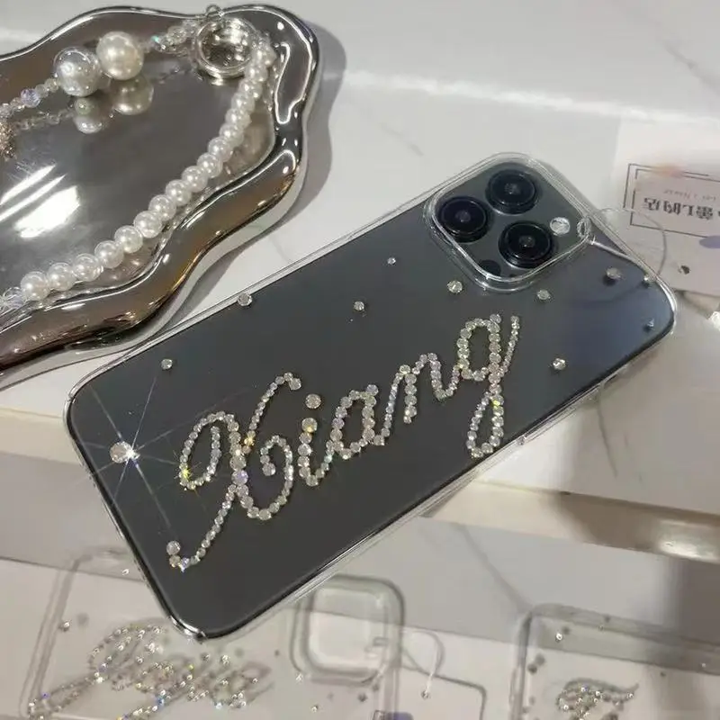 Customized name on phone case with rhinestone inlay, transparent phone protective case pc case