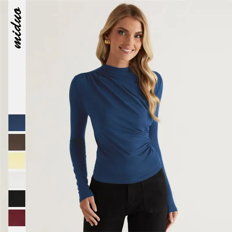 

Женская футболка Y2K со складками и высоким воротником, длинная све, модный облегающий цветной топ, ширина плеча, стандартный крой